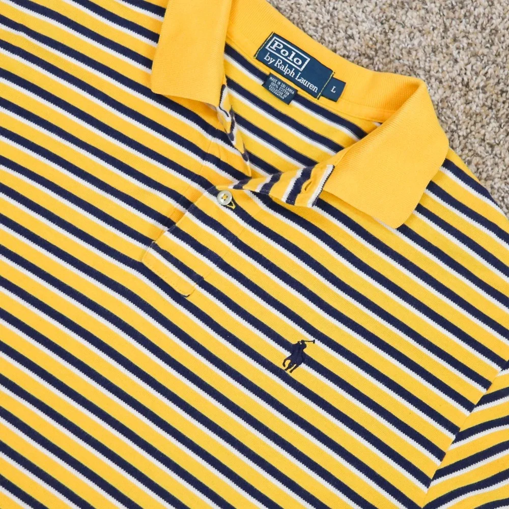 Polo Ralph Lauren Polo Shirt Mens L Yellow Navy Blue White Striped Cotton Pique - Picture 3 of 10